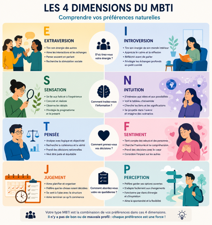 Les 4 dimensions du MBTI