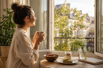 Petit déjeuner paisible près de la fenêtre